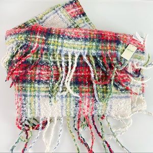 Aerie‎ Scarf Plaid Printed Tassel Fringe Knit Fabric Red Blue Yellow Soft Fleece